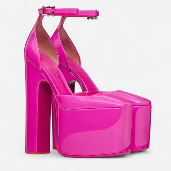 Valentino Garavani Shoes - Valentino Garavani Hot Pink Patent DiscoBox Platform Pump Ankle-Strap Heels 37.5